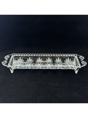 Vtg Pressed Glass Relish Celery Cracker Tray Footed Handled 11" Clear Serving